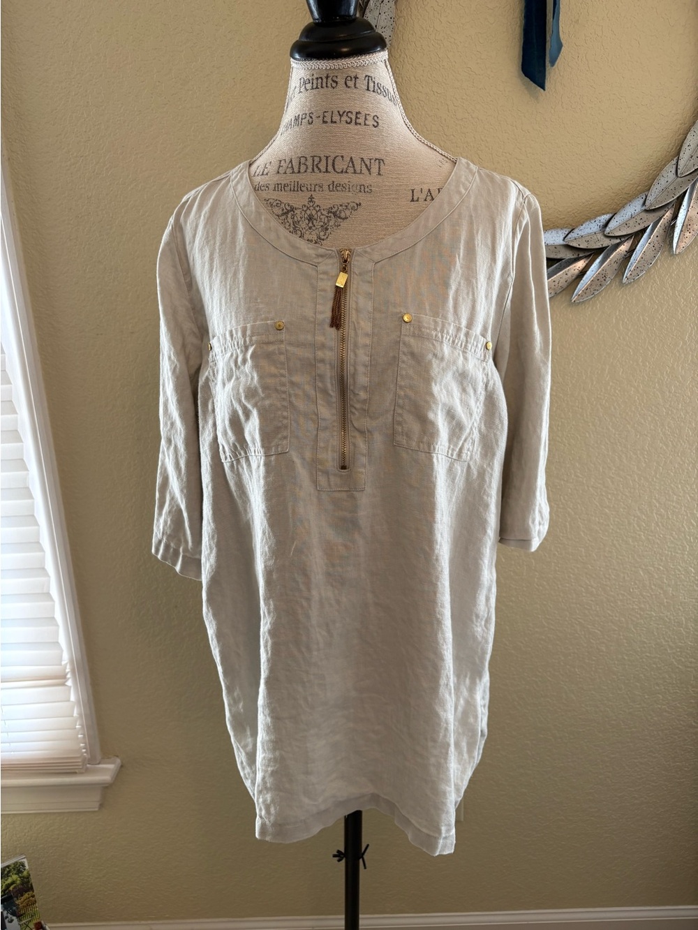 Ellen Tracy Light Beige 100 % Linen Henley Tunic